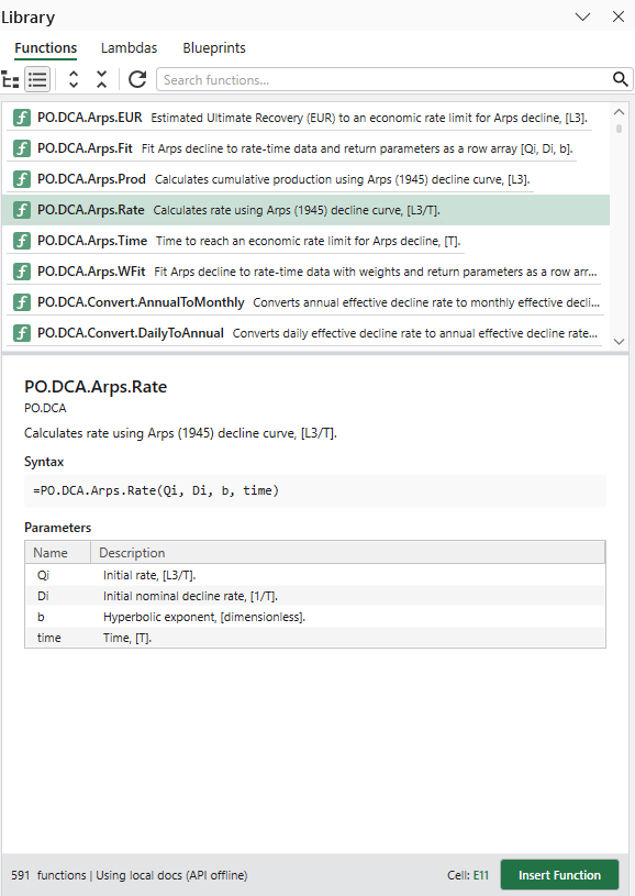 The Petroleum Office Function Browser in Excel, showing PO.DCA.Arps.Rate with its syntax and parameters